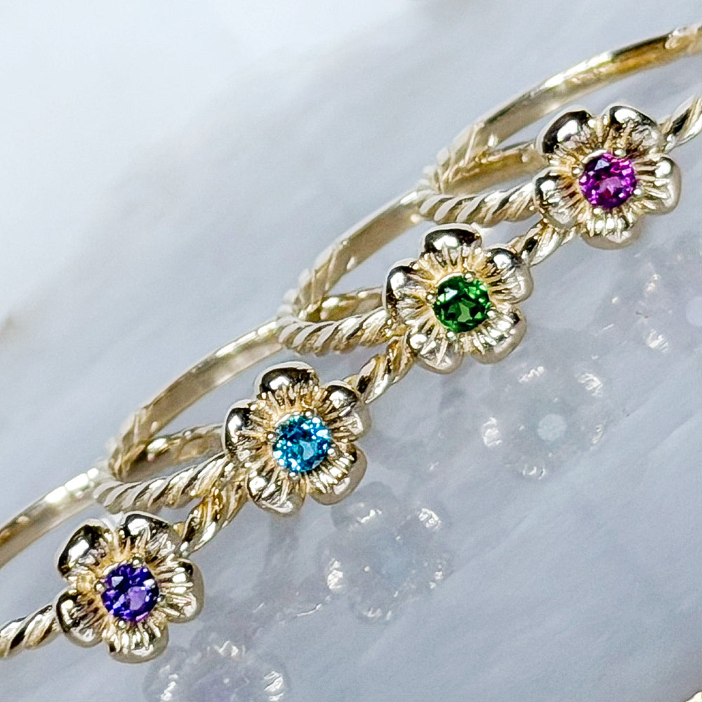 Wild Rose Rings - 10K Solid Yellow Gold -Genuine Birthstones