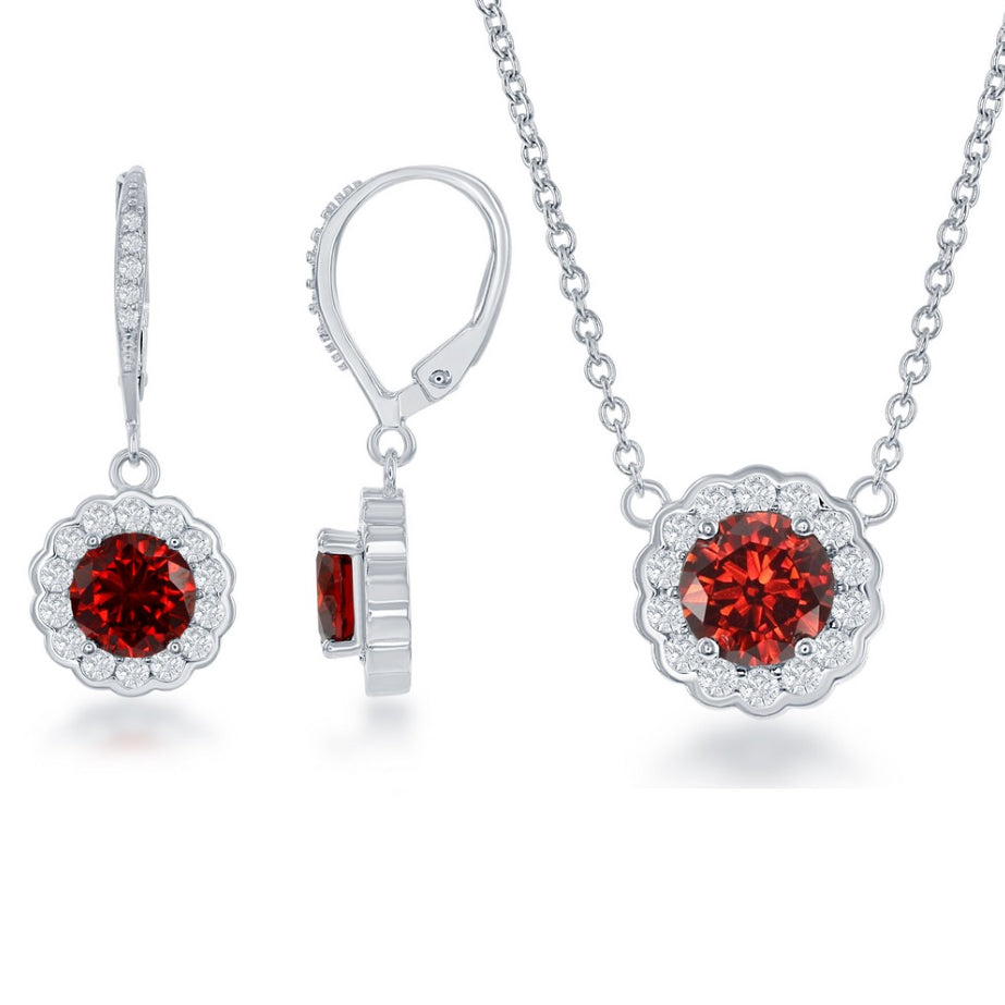 Sterling Silver Birthstone w/ CZ Border Round Necklace and