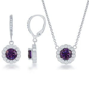 Sterling Silver Birthstone w/ CZ Border Round Necklace and Earrings Set