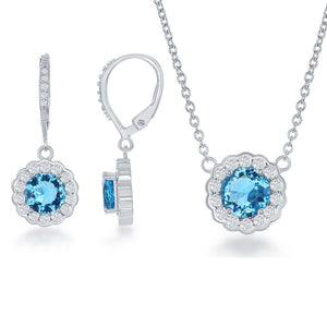 Sterling Silver Birthstone w/ CZ Border Round Necklace and Earrings Set