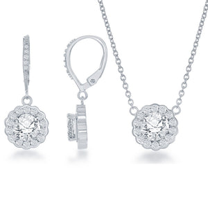 Sterling Silver Birthstone w/ CZ Border Round Necklace and Earrings Set