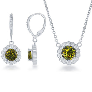 Sterling Silver Birthstone w/ CZ Border Round Necklace and Earrings Set