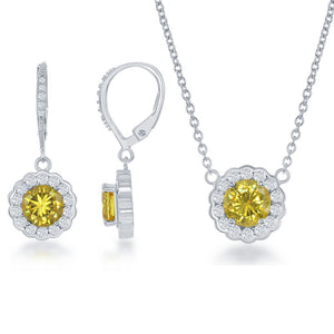 Sterling Silver Birthstone w/ CZ Border Round Necklace and Earrings Set