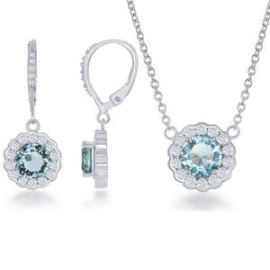 Sterling Silver Birthstone w/ CZ Border Round Necklace and Earrings Set